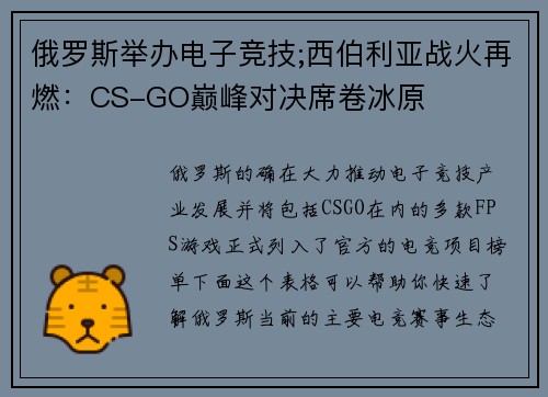 俄罗斯举办电子竞技;西伯利亚战火再燃：CS-GO巅峰对决席卷冰原